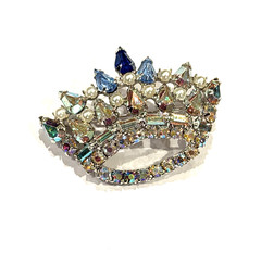 B. DAVID AB RHINESTONES FAUX PEARL BLUE IRIDESCENT CROWN TIARA BROOCH PIN EUC