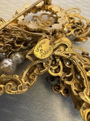 Original by Robert Signed Vintage Brooch Gold Filigree Rhinestone Pearl Beaded