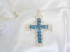 Large Sterling Silver 925 Heated London Blue Topaz Cross Pendant Necklace