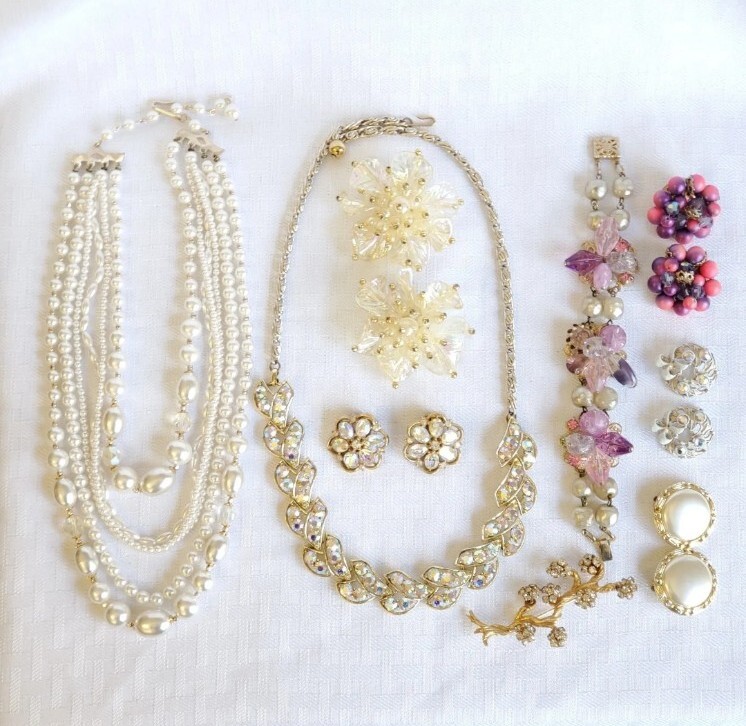 Lot Necklace Brooch Earring Pink Pearl Rhinestone Glass AB Beads Vintage Jewelry