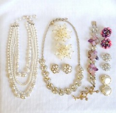 Lot Necklace Brooch Earring Pink Pearl Rhinestone Glass AB Beads Vintage Jewelry