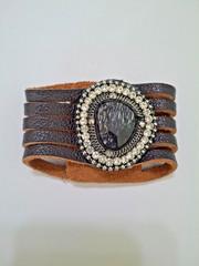 Brown Leather Snap Band Wrist Bracelet with Faux Black Stone / Rhinestones