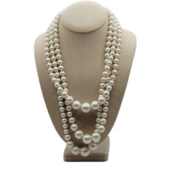 Triple Strand Chunky Simulated Faux Pearl Knotted Necklace Vintage Japan 24 Inch