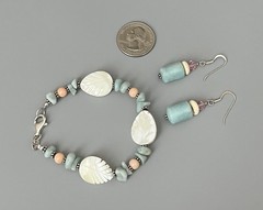 VTG SX 925 Sterling-Carved MOP-Pale Blue-Peach Stone Bracelet Wire Earring Set