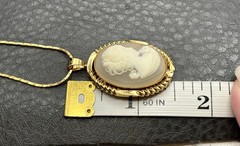 Vintage Victorian Revival Lady Cameo Pendant Gold Plated 23” Chain Necklace
