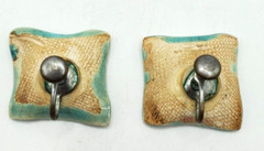 Vintage Ceramic Handplanted Screw Back Earrings Square Gold Leave on Sky Blue
