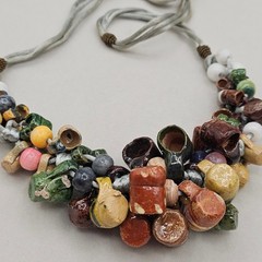 Vintage Folk Art Pottery Mug Bead Necklace Ceramic Tankard Bib Statement Boho