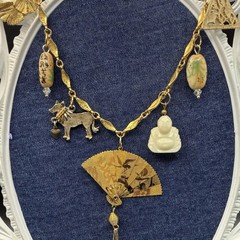 Custom Vintage Estate Assemblage Necklace & Charms: Buddha, Fan, in Mixed Metals