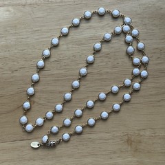VTG Les Bernard Necklace 30 Inch White Glass Beads Faceted Gold Plated Barrel