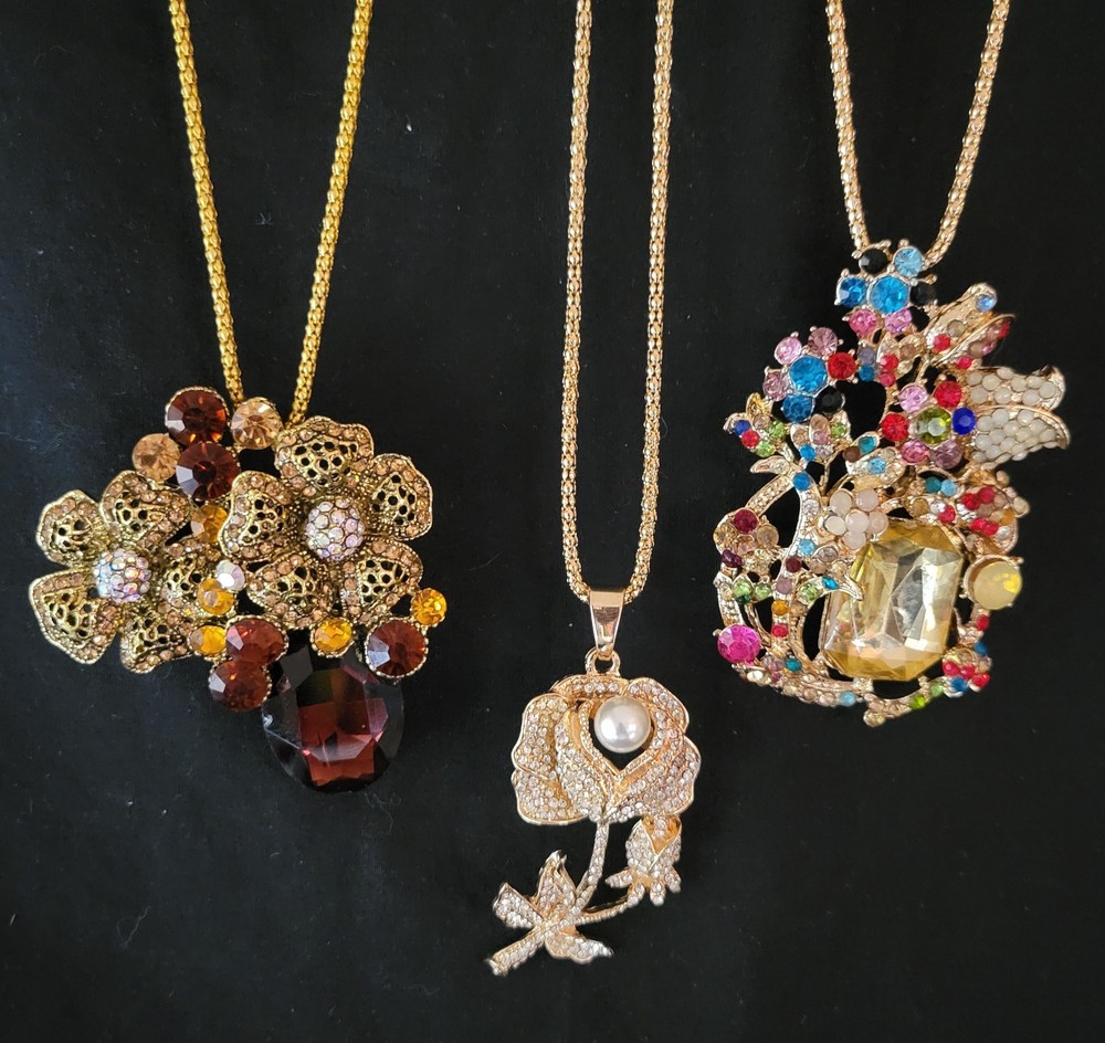 Lot of 3 Vintage Style Statement Necklaces 28″ Gold Tone Floral Rhinestone Pearl