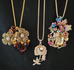 Lot of 3 Vintage Style Statement Necklaces 28″ Gold Tone Floral Rhinestone Pearl