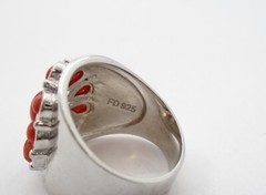 1.48CTW Oval and Pear Shape Coral Southwestern Style Sterling Silver Ring Size 8