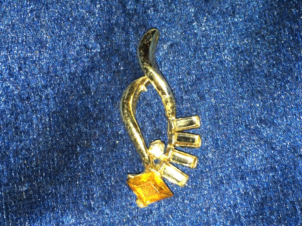 Antique Open Leaf Slide Abstract Baguettes Amber Color Rhinestone 1.5″ Pendant