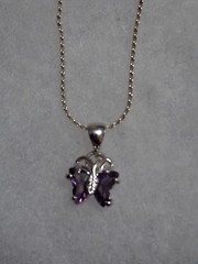 18K GP butterfly pendant necklace, purple stones, prong set, 18″