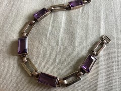 Vintage Sterling Silver 14 K Gold Purple Glass Line Bracelet 7.25”