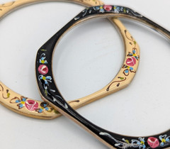 2 Vintage Octagon Bangle Bracelet Black & Ivory Enamel Hand Painted Roses