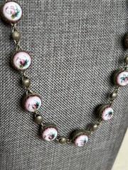 Vtg Hand Painted Enamel Rostov Finift USSR necklace flowers Oxidized Station 21″