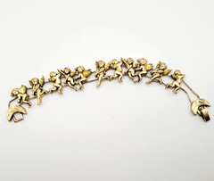 Cherub Angels Iridescent Glitter Wings Gold Tone Vtg Slide Bracelet 7.5 Inch