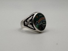 Vintage 925 Sterling Silver Abalone Turquoise Rainbow Inlay Ring Sz 9 9.3g