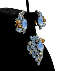 EXTRAORDINARY JULIANA VNT SET EARRINGS BROOCH FAB BLUE CABOCHON CRYSTALS FLOWERS