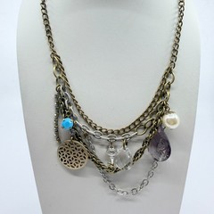 VTG Multi Strand Charm Necklace Bronze & Silver Tone Layered Boho Crystal Retro