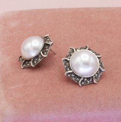 Vintage Sterling Silver Marcasite Faux Pearl Round Post Earrings – Ideal Gift