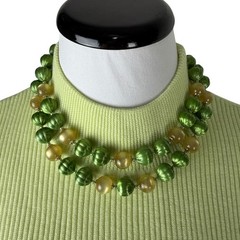 Vintage Japan Double Strand Green Ribbed & Champagne Satin Bead Necklace 18in