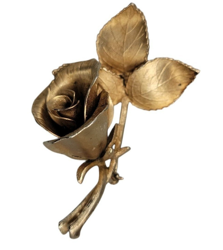 Vintage Coro Rose Brooch Gold Tone Floral Pin Mid Century Signed Gold Plated