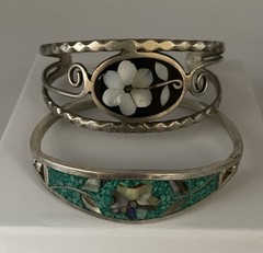 2 Vtg Silver Tone Mexican Alpaca Inlaid Abalone & Turquoise Cuff Bracelets Read