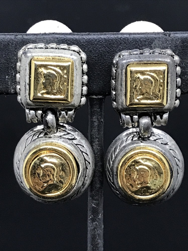 Vintage Costume Fashion Jewlery Silver tone Faux Roman Coin Clip-on Earrings