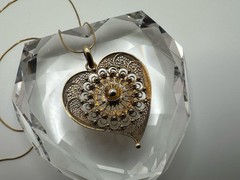 Gold Over Sterling Silver Portuguese Filigree Heart Pendant 4.5cm Necklace JB12