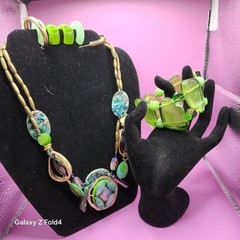 Vtg Bead Necklace Earrings And Bracelet Boho Abelone Shabby Chic Lot Green Blue