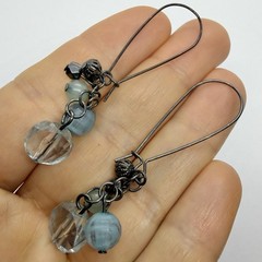 Vtg Blue Green Acrylic Beaded Dangle Drop Statement Earrings Long Hook Gunmetal