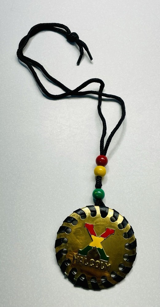 Vintage 90s Malcolm X African Medallion Necklace 26″ Rasta Colors