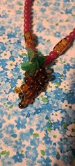 Vintage Red Beaded Necklace With A Cluster Of Grapes And Green Leaf Beads 21 In
