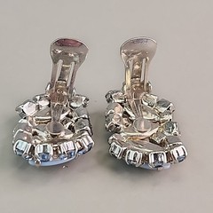 Vintage Rhinestone Clip On Earrings Blue AB Marquise Silver Tone 1.25″