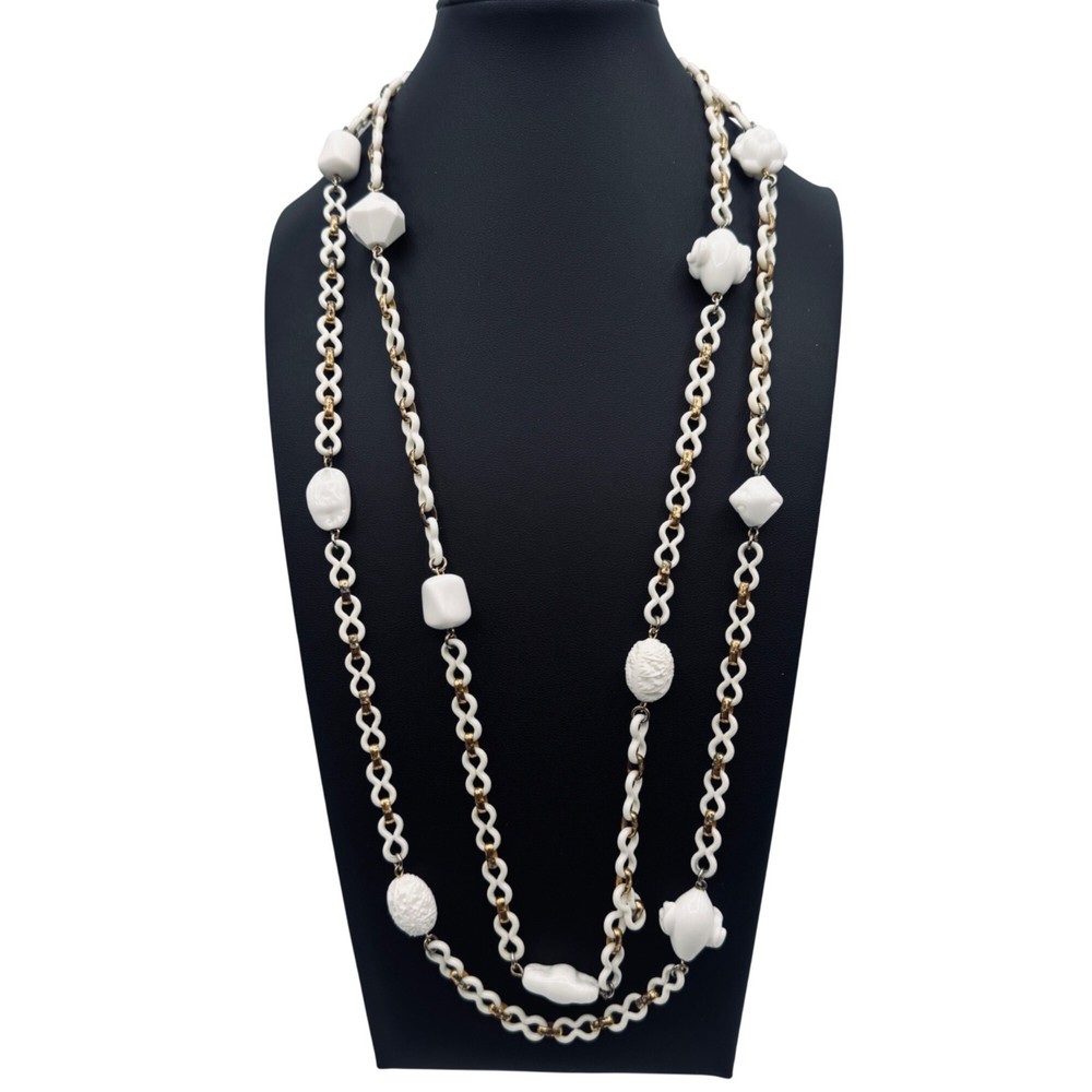 Vintage White Milk Glass & Acrylic Charm Necklace 30″ Drop Mid-Century Statement
