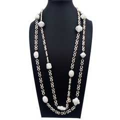Vintage White Milk Glass & Acrylic Charm Necklace 30″ Drop Mid-Century Statement