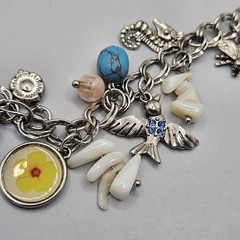 Vintage Silver Tone Charm Necklace Faux Turquoise Beaded Chain Bird Flower Beach