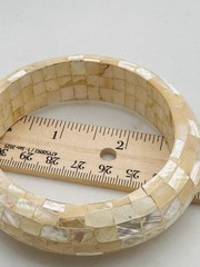 Vintage Mother of Pearl Mosaic Bangle Bracelet Cream Ivory Shell Wide Statement
