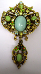 Vintage ART Arthur Pepper Flower Dangle Brooch Teal Glass Gemstones Pin RARE