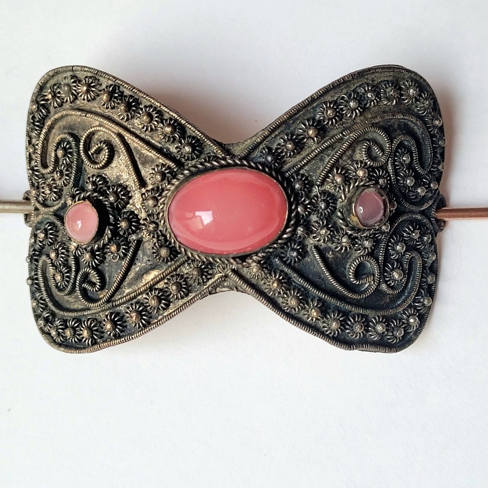 Vintage Chinese Silver Plated Filigree Hair Pin Pink Rose Glass Cabochons