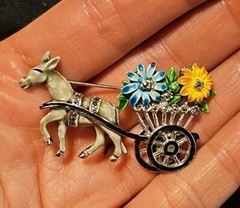 Vintage 1950s Marcasite and Enamel Rhodium Plated Donkey & Flower Cart Brooch
