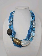 Vintage Lucille Gauthier Chunky Bib Necklace Multi Strand Blue Boho 1970s 1980s