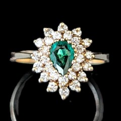 Vintage Pear Cut Emerald Diamond 14k Yellow Gold Double Halo Ring Engagement
