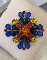 Vintage Signed Edlee Maltese Cross Brooch Multicolor Rhinestones Statement
