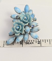 Vtg Sky Blue Glass Rhinestone AB Rose flower Lucite 3D Brooch Riveted