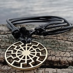 Black Sun Pendant Necklace – Brass Sonnenrad Medallion on Black Cord