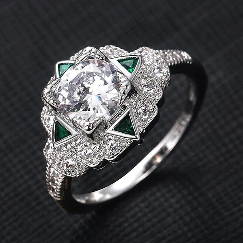 Art Deco Round Lab Created Diamond & Emerald Wedding 14K White Gold Finish Ring