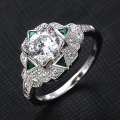 Art Deco Round Lab Created Diamond & Emerald Wedding 14K White Gold Finish Ring